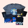 Collection of vintage and preloved NASA t-shirts with retro space-themed graphics and logos.